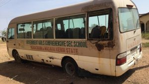 A view of the school bus of the Government Girls Comprehensive Secondary School, where gunmen on Monday attacked the school dormitory and abducted schoolgirls, is seen in Kebbi, Nigeria, Tuesday, Nov. 18, 2025. (AP Photo/Tunde Omolehin)