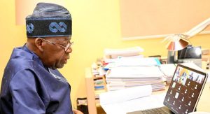 President Bola Tinubu at a zoom meeting with other West African leaders during the extraordinary virtual summit of the Economic Community of West African States (ECOWAS) on the situation in Guinea-Bissau, Thursday, November 27, 2025