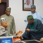 Vice President Kashim Shettima (L); Secretary to the Government of the Federation, George Akume (R) and Special Adviser to the Vice President on General Duties, Dr. Aliyu Modibo Umar during National Council on Privertisation at the Presidential Villa in Abuja on Thursday (13/11/2025)