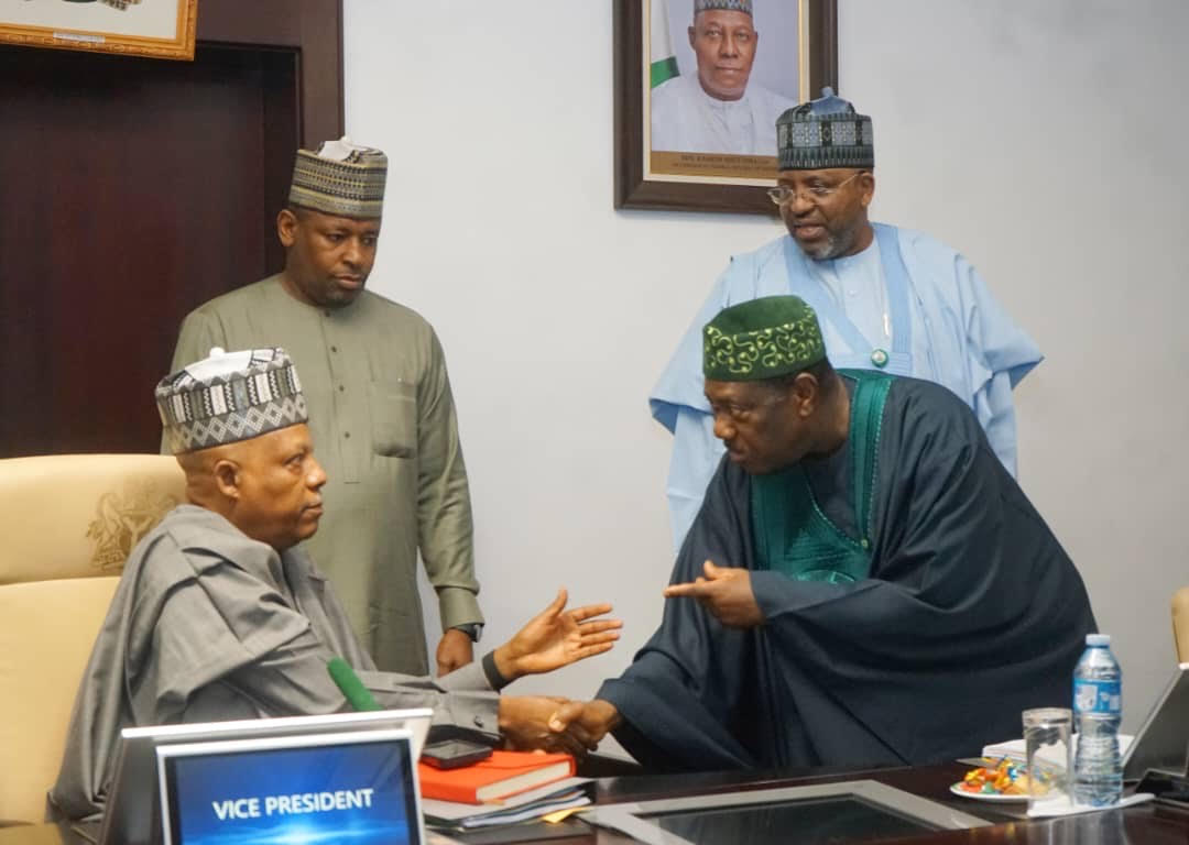 Vice President Kashim Shettima (L); Secretary to the Government of the Federation, George Akume (R) and Special Adviser to the Vice President on General Duties, Dr. Aliyu Modibo Umar during National Council on Privertisation at the Presidential Villa in Abuja on Thursday (13/11/2025)