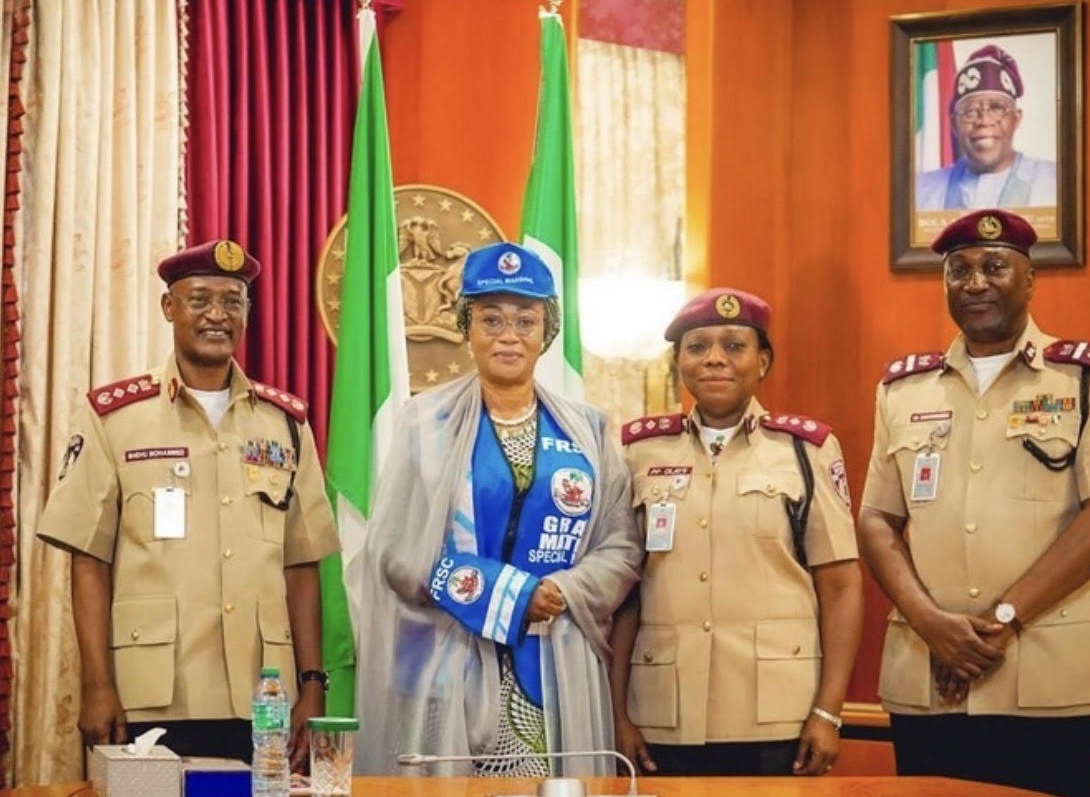 L-R: Corps Marshal of the FRSC Shehu Mohammed, First Lady of Nigeria, l Oluremi Tinubu, Deputy Corps Marshall Pauline Toby and Corps Public Education Officer, Olusegun Ogungbemide after the decoration of the First Lady as the Grand Matron of Special Marshal in her office at the State House Abuja on Tuesday 18th November, 2025