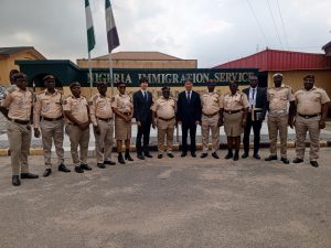 Officials of Nigeria Immigration Service, Zone A Headquarters. Lagos and representatives of Lagos Office, Embassy of the Republic of Korea after the donation in Lagos