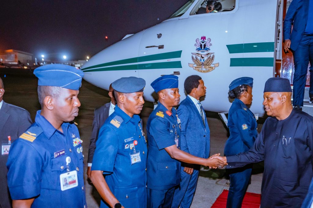 Vice President Kashim Shettima (R) back in Abuja from G20, AU-EU summits in South Africa, Angola