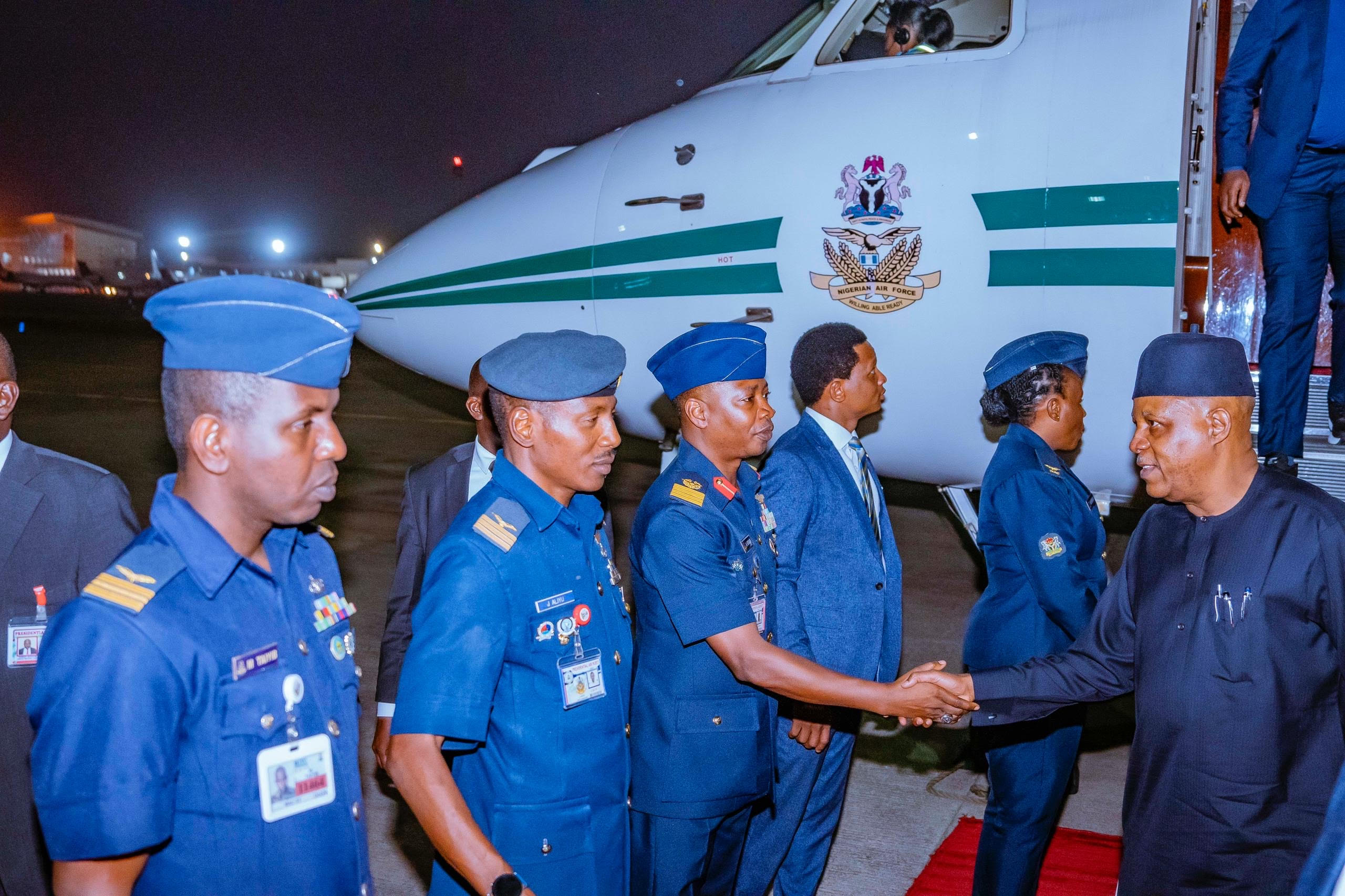 Vice President Kashim Shettima (R) back in Abuja from G20, AU-EU summits in South Africa, Angola