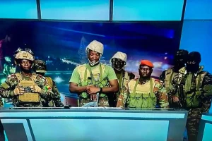 A group of soldiers led by Lieutenant Colonel Pascal Tigri appear on state television, declaring that Benin’s President Patrice Talon has been “removed from office”. On December 7, 2025. © Screengrab BTV