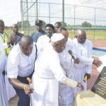 Baba Aladura Alogbo; Pro. Samaye (right) and Apostle Awode (left) and others, during the commissioning of the lawn tennis court