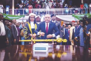 Governor Peter Mbah of Enugu State with Clerk of the House, Mrs Ngozi Egbo, during Enugu State 2026 Budget proposal presentation yesterday.