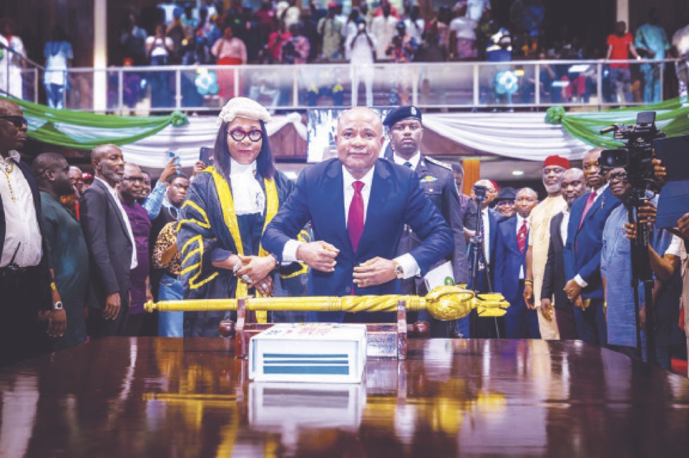 Governor Peter Mbah of Enugu State with Clerk of the House, Mrs Ngozi Egbo, during Enugu State 2026 Budget proposal presentation yesterday.
