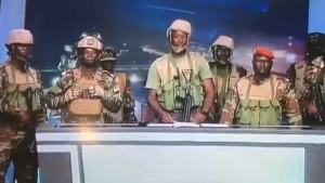 A group of soldiers led by Lieutenant Colonel Pascal Tigri appear on state television, declaring that Benin’s President Patrice Talon has been “removed from office”. On December 7, 2025. © Screengrab BTV