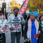 Supporters of the UK branch of Indigenous People of Biafra (IPOB UK) protest opposite Downing Street to call for the release of separatist leader Nnamdi Kanu on 1st November 2025 in London, United Kingdom. Kanu has been in detention in Nigeria since 2021 and is currently on trial on terrorism charges. (photo by Mark Kerrison/In Pictures via Getty Images)