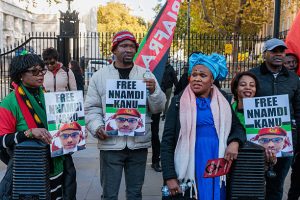 Supporters of the UK branch of Indigenous People of Biafra (IPOB UK) protest opposite Downing Street to call for the release of separatist leader Nnamdi Kanu on 1st November 2025 in London, United Kingdom. Kanu has been in detention in Nigeria since 2021 and is currently on trial on terrorism charges. (photo by Mark Kerrison/In Pictures via Getty Images)