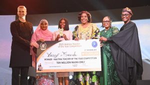 L-R: MD/CEO, Nigerian Breweries Plc, Thibaut Boidin; Minister of State for Education, Professor Suwaiba Said Ahmad; Winner, 2025 Maltina Teacher of the Year, Serah Yusuf; Commissioner for Commerce, Cooperatives, Trade and Investment (CCT&l), Lagos State, Folashade Ambrose-Medebem; Human Resources Director, NB Plc, Grace Omo-Lamai, and Corporate Affairs Director, Uzodinma Odenigbo.