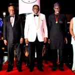 Governor Bassey Otu (middle), statesman and former governors Clement Ebri, Donald Duke and wife Onari, Senator Liyel Imoke, and Senator Ben Ayade and wife, Linda at the award and tree lighting ceremony