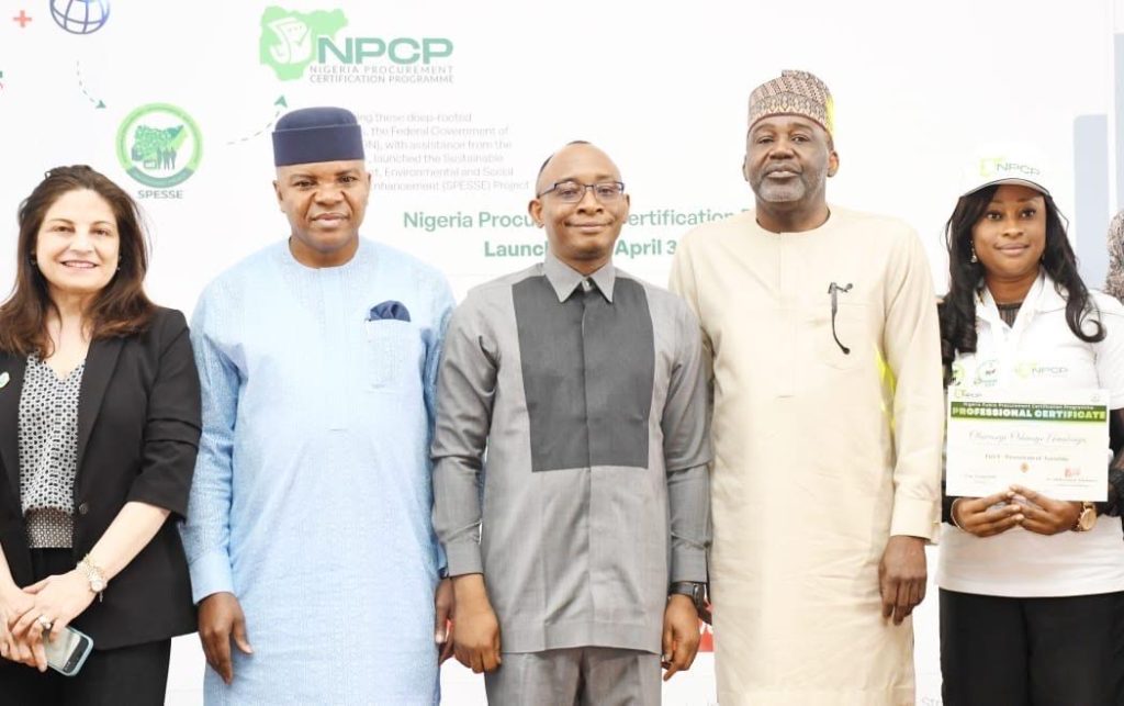From left, World Bank Director and Chief Procurement officer operations Policy and Country Service, Hiba Tahboub, Chairman Public Procurement Committee House of Representative, Unyime Idem, Director General, Bureau of Public Procurement (BPP), Adebowale Adedokun: Deputy Chief of Staff to the President office of the Vice President Ibrahim Hadejia and Oluwaseye Amubiaya during Nigeria Procurement Certification Programme Convocation 2026 at the State House Banquet Hall in Abuja on Thursday (29/01/2026)