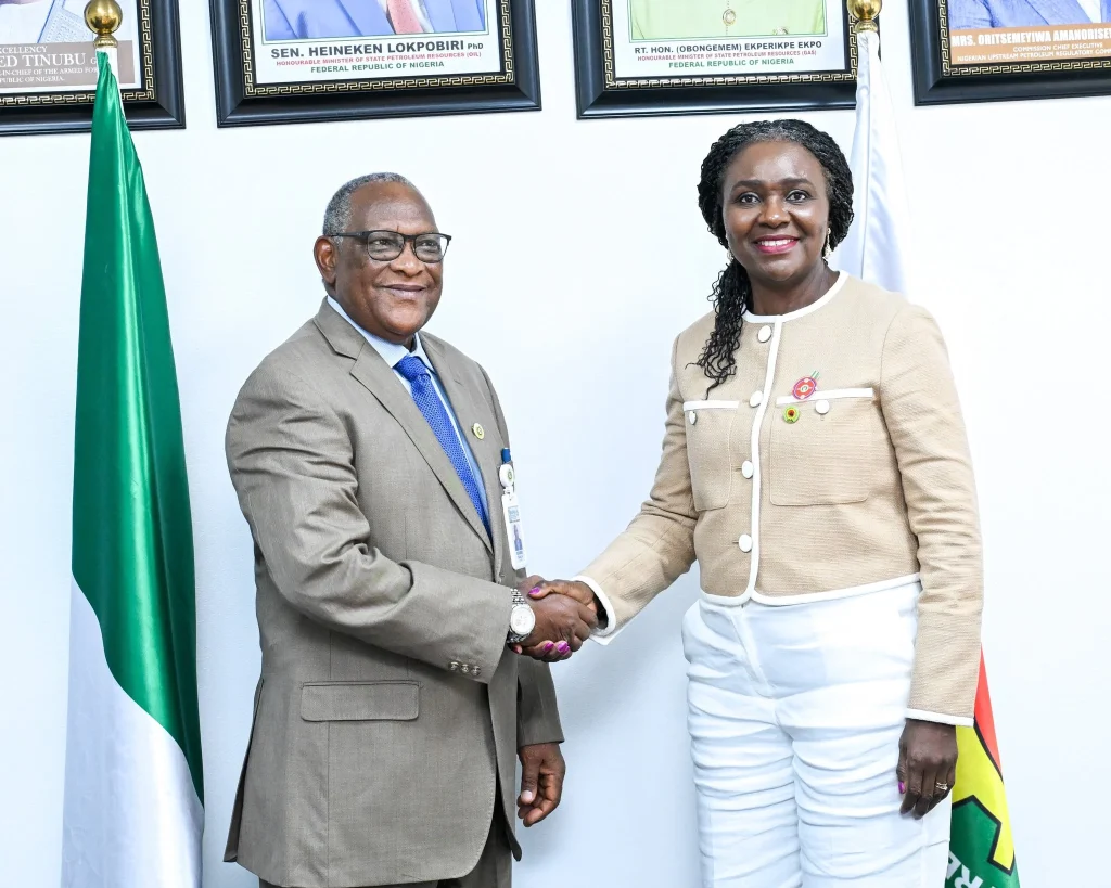 L-R: The Nigerian Midstream and Downstream Petroleum Regulatory Authority Chief Executive, Saidu Aliyu Mohammed, in a handshake with the Commission Chief Executive of the Nigerian Upstream Petroleum Regulatory Commission, Oritsemeyiwa Eyesan, after the meeting on Thursday in Abuja. Credit: NUPRC