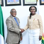 L-R: The Nigerian Midstream and Downstream Petroleum Regulatory Authority Chief Executive, Saidu Aliyu Mohammed, in a handshake with the Commission Chief Executive of the Nigerian Upstream Petroleum Regulatory Commission, Oritsemeyiwa Eyesan, after the meeting on Thursday in Abuja. Credit: NUPRC
