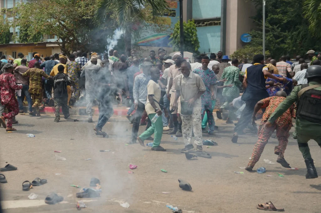 Nigerian police fire tear gas at people protesting the recent mass evictions and demolition of their homes in Makoko and other communities in Lagos, Nigeria, Wednesday, Jan. 28, 2026.  Sunday Alamba – AP
