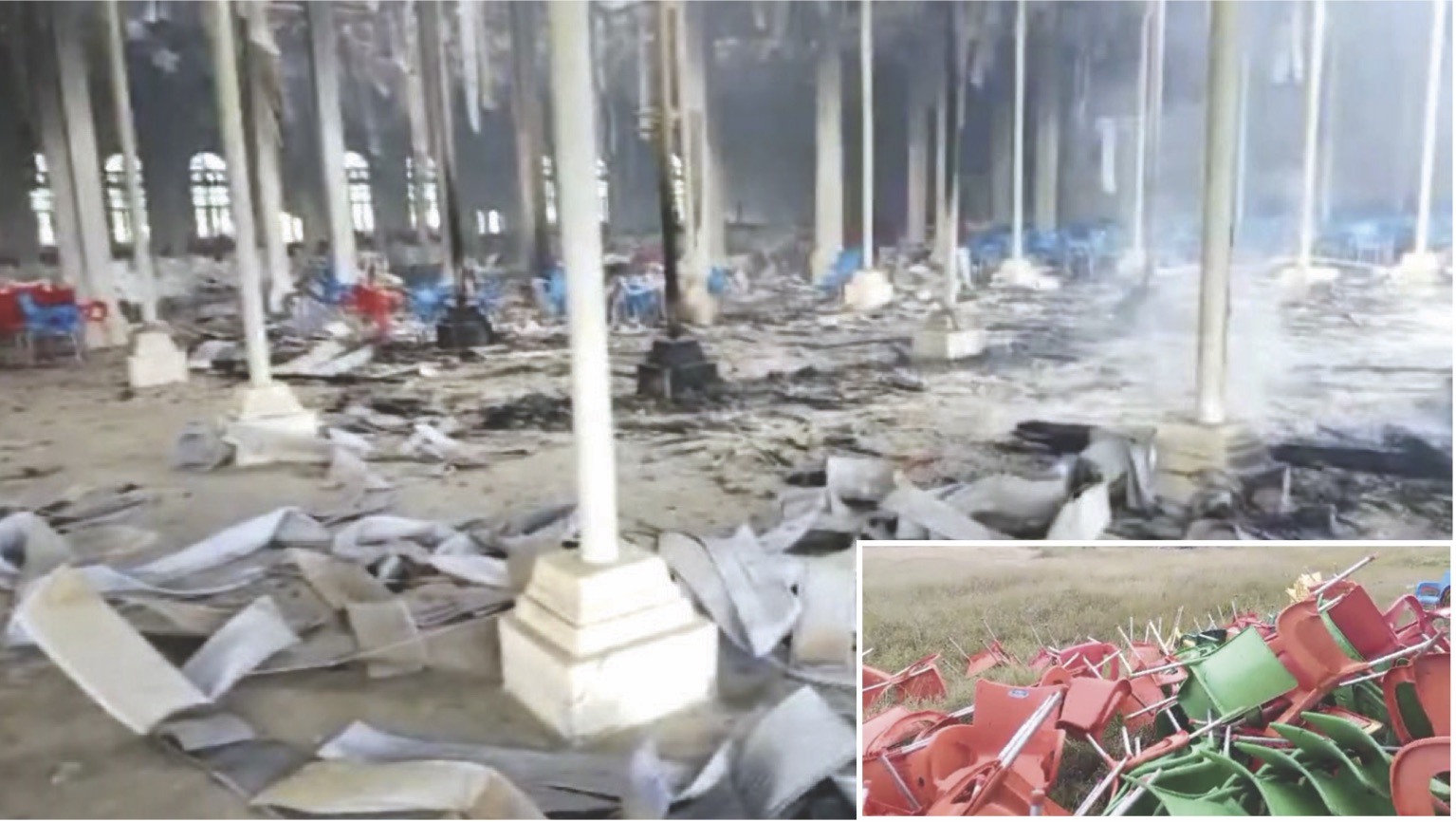 Inside the vandalized Bethel. Inset- Some properties destroyed as a result of the conflict
