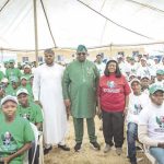 Mutfwang (middle), Dep. governor, Mrs Piyo (in red) and the Speaker of the Plateau State House of Assembly, Hon. Naanlong Daniel, with the students during the farewell ceremony.