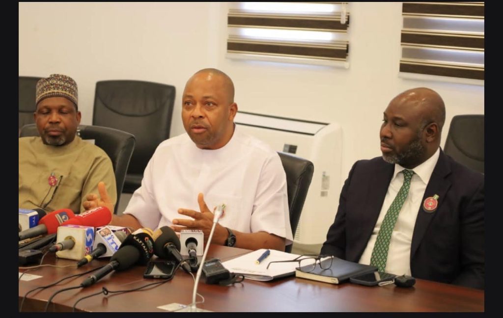 Director Lands Administration Chijioke Nkwabueze (m) flanked by the Mandate Secretary Education Dr Danlami Hayyu (L) and Chairman FCT IRS Michael Ango (R) during a Press briefing shortly after the FCT EXCO meeting on Wednesday, January 14, 2026
