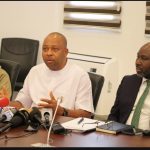 Director Lands Administration Chijioke Nkwabueze (m) flanked by the Mandate Secretary Education Dr Danlami Hayyu (L) and Chairman FCT IRS Michael Ango (R) during a Press briefing shortly after the FCT EXCO meeting on Wednesday, January 14, 2026
