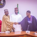 L-R: Deputy President of the Senate Senator Barau I Jibrin welcomes the son of former Vice President Atiku Abubakar, Abba, to the APC. With them is the North East Zonal Vice Chairman of the APC, Comrade Mustapha Salihu (Photo credit: DSP Media Office)