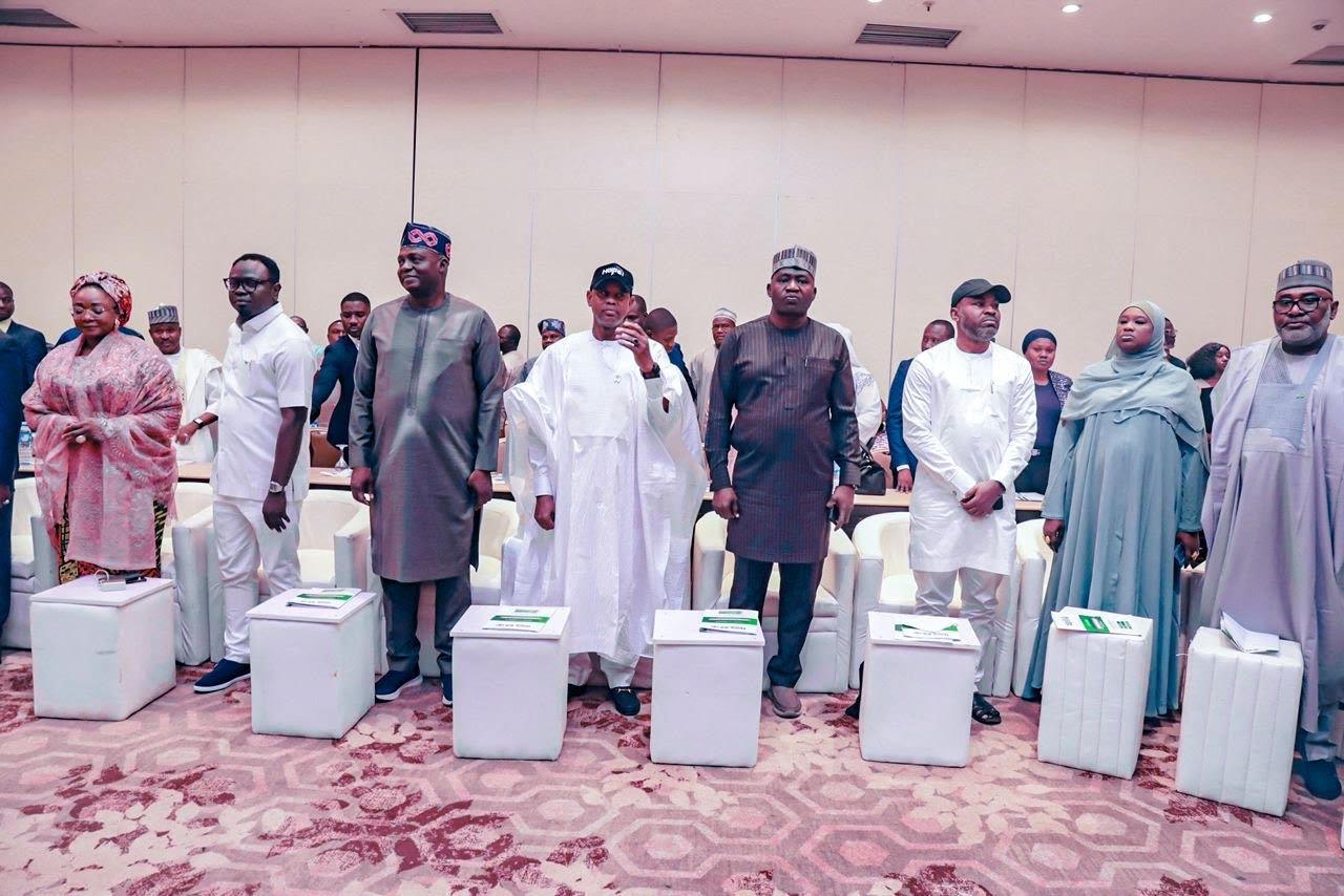 L-R: Minister of Women Affairs, Imaan Sulaiman-Ibrahim, Minister of Youth, Ayodele Olawande, National Chairman of the All Progressives Congress,  Nentawe Yilwatda, Minister of State for Works, Bello Goronyo, and other dignitaries that graced the occasion