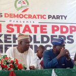 From left: former Osun SSG, Alhaji Fatai Akinbade, former PDP National Vice Chairman (Southwest), Alhaji Tajudeen Oladipo, former governor Olagunsoye Oyinlola and the state chairman, Hon. Tunde Tijani, at a stakeholders meeting held in Osogbo, on Thursday, February 12, 2026