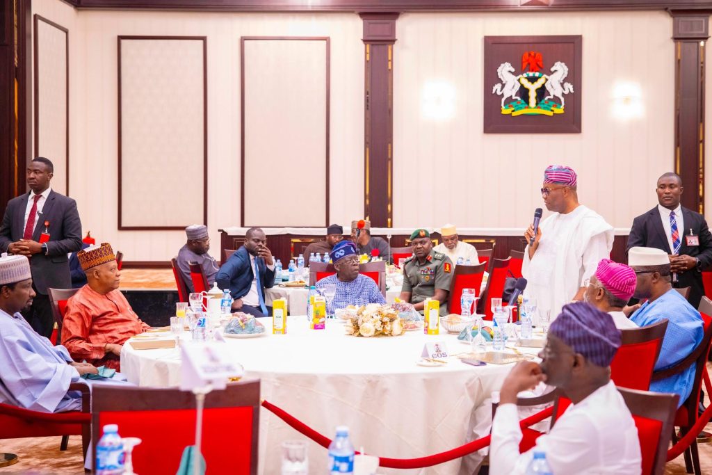 President Bola Tinubu (seated) alongside Vice President Kashim Shettima at the interfaith breaking of fast with senators at the State House, Abuja, Wednesday, February 25, 2026