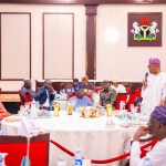 President Bola Tinubu (seated) alongside Vice President Kashim Shettima at the interfaith breaking of fast with senators at the State House, Abuja, Wednesday, February 25, 2026