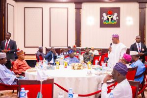 President Bola Tinubu (seated) alongside Vice President Kashim Shettima at the interfaith breaking of fast with senators at the State House, Abuja, Wednesday, February 25, 2026