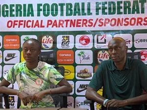 Coach Aduku (right) with Captain Joy Igbokwe at Friday’s press conference.