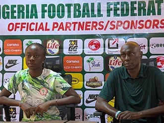Coach Aduku (right) with Captain Joy Igbokwe at Friday’s press conference.