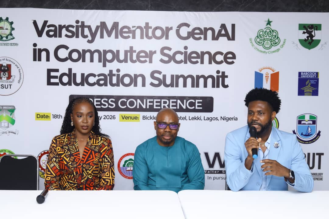 Left to Right: Valerie Ehimhen, organizer, VarsityMentor GenAI Summit, Obinna Anya, Founder, VarsityMentor, and Adekunle Adeyemo, Co-Organizer, VarsityMentor GenAI Summit, at the press conference in Lagos, on VersityMentor GenAi in Computer Science Education Summit for 27 Universities in Africa.