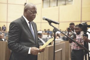 Justice Joseph Olubunmi Oyewole being sworn in as Justice of Supreme Court by Chief Justice of Nigeria, Justice Kudirat Olatokunbo Kekere-Ekun, in Abuja, yesterday