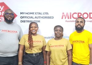 L-R: Kola Ajao, head, MICRODIA Nigeria, Joy Sylvanus, sales executive, Olamide Odejayi, sales executive, and Gideon Ubia, IT rep, during the announcement of My Home Etal as the official distributor of MICRODIA in Nigeria, recently