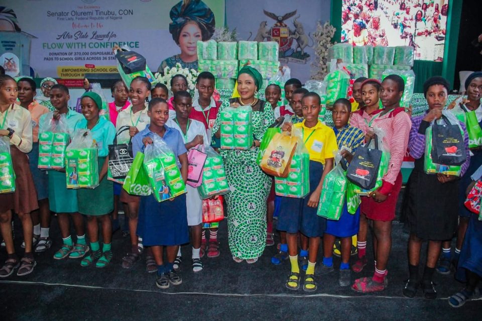Nigeria’s First Lady, Senator Oluremi Tinubu, has donated 10,000 packs of sanitary pads to schoolgirls in Abia State