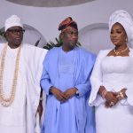Deputy Governor of Lagos State, Femi Hamzat flanked by  Oniru of Iru Land, Victoria Island, Oba Omogbolahan Lawal, (Abisogun 11) and his wife, Olori Mariam Lawal  at the celebration of five years of Excellence held in his palace.