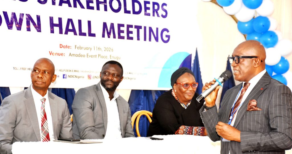 From left: Team Lead, Regulatory Compliance Group Conduct and Compliance Access Bank Plc, Mr Edward Keto; Head, E-Channels Office, Consumer Protection Department, Central Bank of Nigeria, Mr Tyoden Nanfwang; Head, Communication and Public Affairs Department, Nigeria Deposit Insurance Corporation (NDIC), Ms Hawwau Gambo and Zonal Controller, Enugu NDIC, Mr Chidi Nwankwo, during the 2025 Stakeholders Town Hall Meeting of NDIC in Enugu on Wednesday (11/2/26). 0183/WED/FEB/11/2/2026/Mike Agada/JMH/NAN