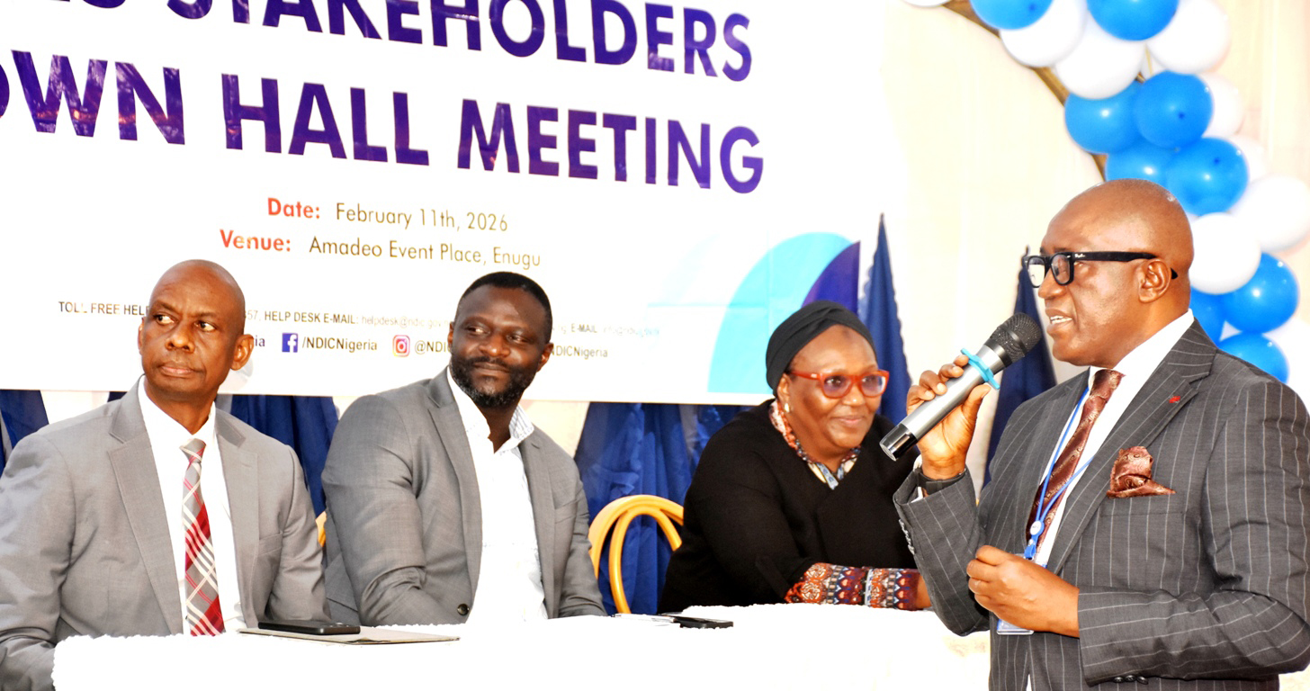From left: Team Lead, Regulatory Compliance Group Conduct and Compliance Access Bank Plc, Mr Edward Keto; Head, E-Channels Office, Consumer Protection Department, Central Bank of Nigeria, Mr Tyoden Nanfwang; Head, Communication and Public Affairs Department, Nigeria Deposit Insurance Corporation (NDIC), Ms Hawwau Gambo and Zonal Controller, Enugu NDIC, Mr Chidi Nwankwo, during the 2025 Stakeholders Town Hall Meeting of NDIC in Enugu on Wednesday (11/2/26). 0183/WED/FEB/11/2/2026/Mike Agada/JMH/NAN