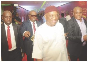 SENATOR ORJI UZOR KALU WITH THE EDITOR, DAILY SUN, MR. IHEANACHO NWOSU; MR. CHIDI NNADI, Snr. Manager, Marketing, Operations & Publication AND A GUEST