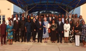 The Swedish Ambassador to Nigeria in a group photo with management team of UNN during her visit to the institution