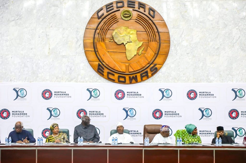 L-R: Former President of Sierra Leone, Ernest Koroma, former President of Malawi, Joyce Banda, former President of Ghana, John Kuffour, Secretary to the Government of the Federation and representative of President Bola Tinubu, George Akume, former President Olusegun Obasanjo and Chairman of Murtala Muhammed Foundation, Chief Executive Officer of Murtala Muhammed Foundation, Aisha Oyebode and former Vice President Yemi Osinbajo at the 50th memorial anniversary lecture of the death of former Head od State, General Murtala Muhammed at ECOWAS Secretariat, Abuja