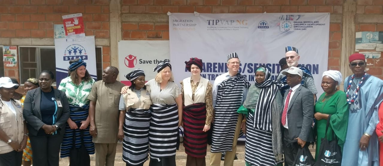 The DG of NAPTIP, Binta Bello, the Deputy DG Ministry of Asylum and Migration, Netherlands, Mr Victor Cramer, and other dignatories decorated in Bbuw traditional attires during their visit to IDP camp in Makurdi