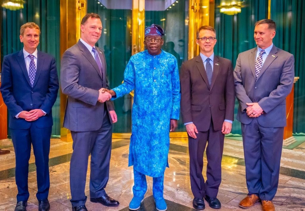 Charge D’Affairs U.S Embassy in Nigeria, Keith Heffern, Commander AFRICOM, General Dagvin Anderson, , President Bola Tinubu, Senior Foreign Policy Adviser, AFRICOM, Peter Vrooman, Command Sergeant Major Garric M. Banfield, Command Senior Enlisted Leader, United States Africa Command (AFRICOM), when the AFRICOM delegation paid a visit to President Tinubu on Sunday, 8 February 2026, in Abuja