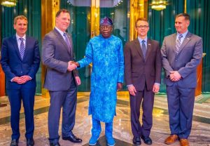 Charge D’Affairs U.S Embassy in Nigeria, Keith Heffern, Commander AFRICOM, General Dagvin Anderson, , President Bola Tinubu, Senior Foreign Policy Adviser, AFRICOM, Peter Vrooman, Command Sergeant Major Garric M. Banfield, Command Senior Enlisted Leader, United States Africa Command (AFRICOM), when the AFRICOM delegation paid a visit to President Tinubu on Sunday, 8 February 2026, in Abuja