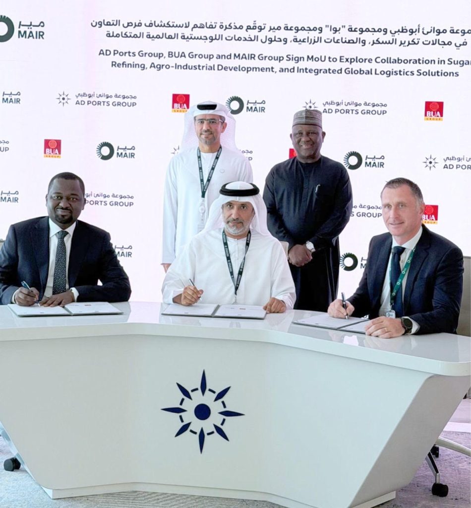 L-R: Kabiru Rabiu, Group Executive Director, BUA Group; Cpt. Mohammed J. Al Shamisi, MD/Group CEO, AD Ports Group (UAE); Saif Al Mazrouei, CEO (Ports Cluster) AD Ports Group; Abdul Samad Rabiu, Founder/Executive Chairman, BUA Group; and Steve Green, Group CFO, MAIR Group at the signing of Memorandum of Understanding between Nigeria’s BUA Group and UAE-based AD Ports Group and MAIR Group in Abu Dhabi. Monday, February 16, 2026