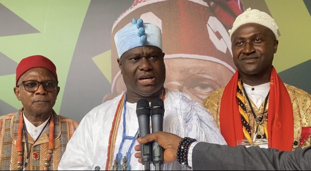 L-R: Co-chairman Southern Nigeria Traditional Rulers Council, Obi of Obinugwu Kingdom in Orlu, Imo State, Obi Cletus Ilomuanya,  Chairman, Ooni of Ife, Oba Adeyeye Enitan Ogunwusi Ojaja II, and Publicity Secretary of the Southern Nigerian Traditional Rulers Council, Dr. Eberechukwu Kanu Oji Eberechukwu (Eze Aro IX) of Arochukwu Kingdom, Abia State, at the 2026 National Traditional and Religious Leaders Summit on Health, held at the State House Conference Centre, Abuja