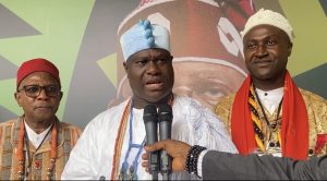 L-R: Co-chairman Southern Nigeria Traditional Rulers Council, Obi of Obinugwu Kingdom in Orlu, Imo State, Obi Cletus Ilomuanya,  Chairman, Ooni of Ife, Oba Adeyeye Enitan Ogunwusi Ojaja II, and Publicity Secretary of the Southern Nigerian Traditional Rulers Council, Dr. Eberechukwu Kanu Oji Eberechukwu (Eze Aro IX) of Arochukwu Kingdom, Abia State, at the 2026 National Traditional and Religious Leaders Summit on Health, held at the State House Conference Centre, Abuja