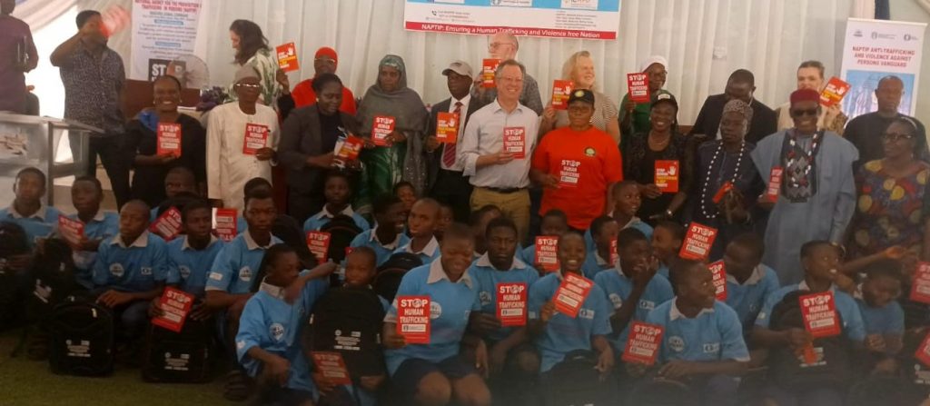 The DG of NAPTIP, Binta Bello, the Deputy DG Ministry of Asylum and Migration, Netherlands, Mr Victor Cramer, flanked by other dignatories and members of the student vanguard
